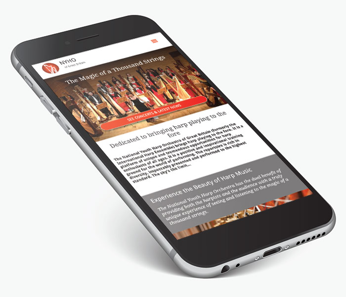 National Youth Harp Orchestra website showing on smartphone